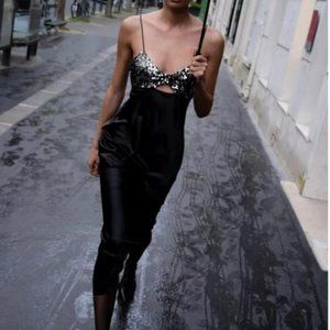 ZARA CONTRASTING SEQUIN SLIP DRESS - BLACK